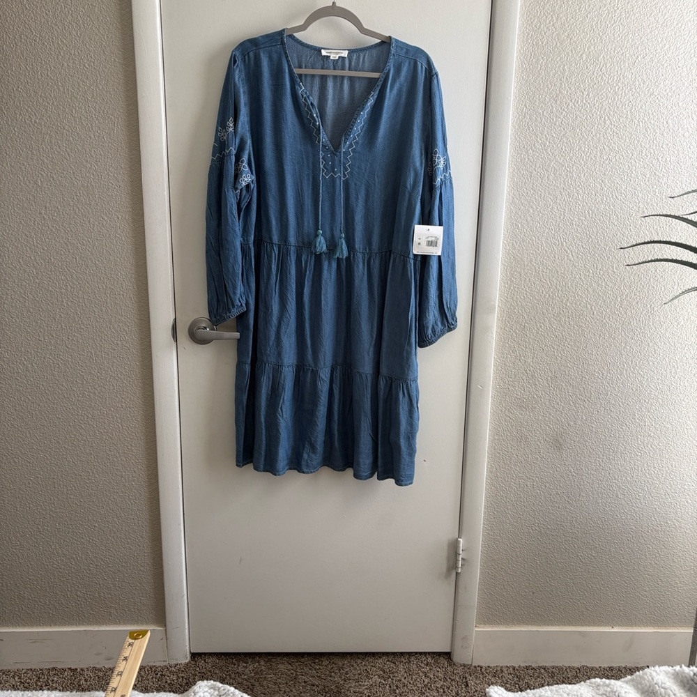 NWT beachlunchlounge Blue Embroidered Long Sleeve BOHO V Neck Cotton Dress SZ XL